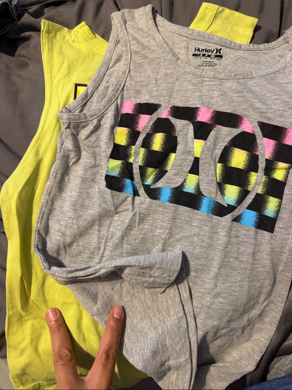 2pc - Hurley Boy’s Gray Tank Top with Neon Pink Yellow Blue Graphic